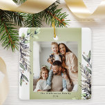 Adorno De Cerámica Navidades fotográficos de la Foliage de Invierno V<br><div class="desc">Este adorno navideño fotográfico presenta una vegetación de invierno de acuarela verde y muda. Personalice este elegante adorno navideño con su foto familiar.</div>