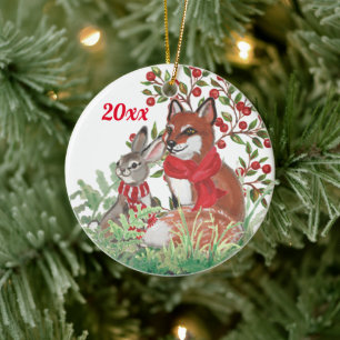 Adorno De Cerámica Navidades Fox Bunny Rabbit Botanic Red Berry