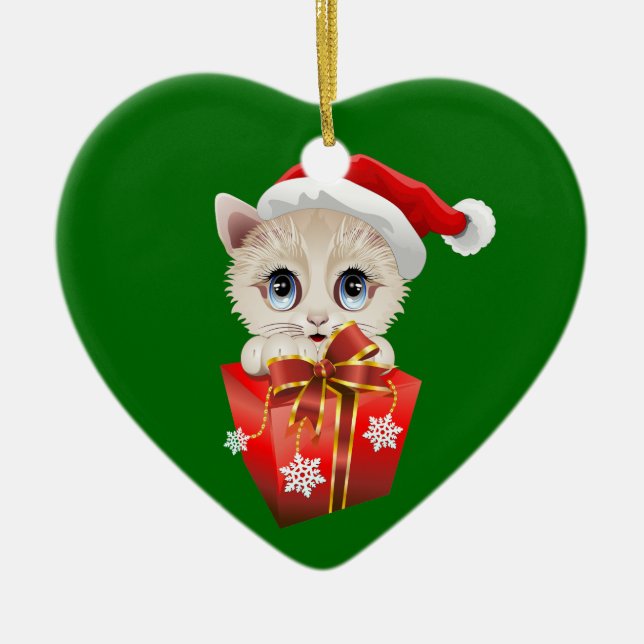 Adorno De Cerámica Navidades gatitos Santa con regalo (Frente)