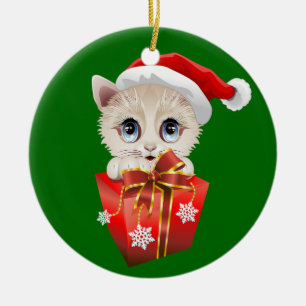 Adorno De Cerámica Navidades gatitos Santa con regalo