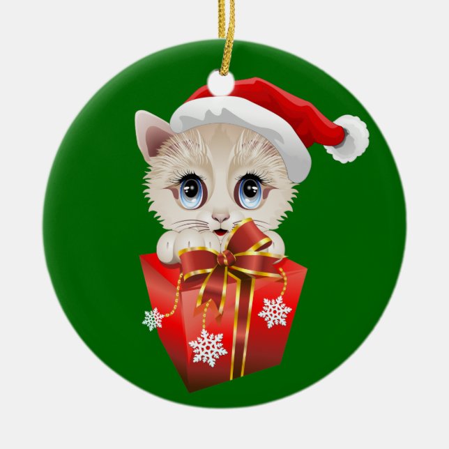 Adorno De Cerámica Navidades gatitos Santa con regalo (Frente)
