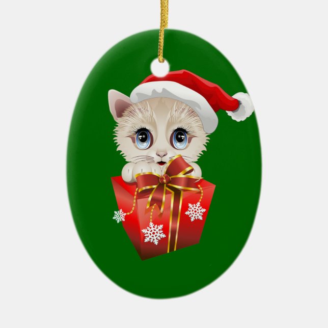 Adorno De Cerámica Navidades gatitos Santa con regalo (Frente)