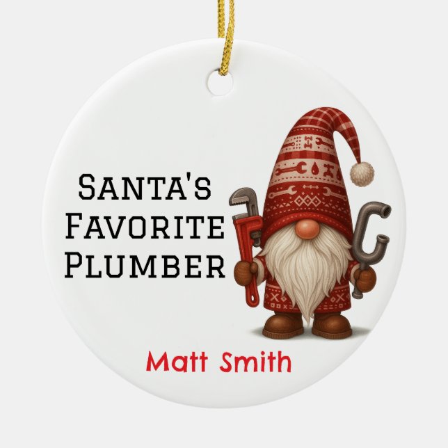 Adorno De Cerámica Navidades Gnome Plumber/Handyman Personalizados (Frente)
