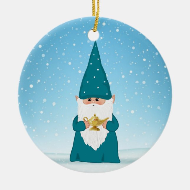 Adorno De Cerámica Navidades Gnome sosteniendo una lámpara mágica (Frente)