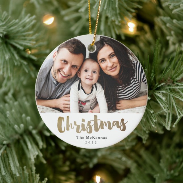 Adorno De Cerámica Navidades Gold Script foto familia vacaciones Cerá (Árbol)