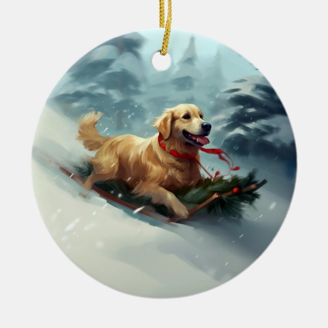 Adorno De Cerámica Navidades Golden Retriever nevan invierno (Frente)