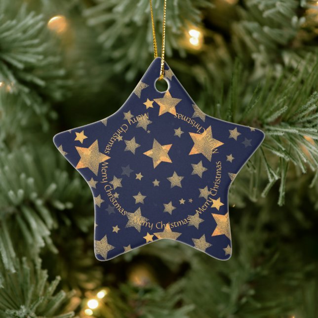 Adorno De Cerámica Navidades Golden Stars Navy Blue Classic Elegant (Árbol)