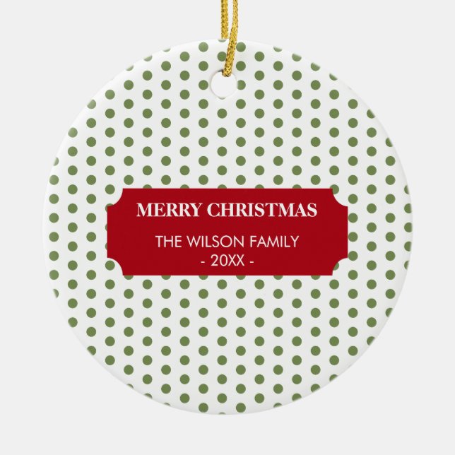 Adorno De Cerámica Navidades Green Polka Dots Family Name Year (Frente)