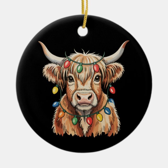 Adorno De Cerámica Navidades Highland Cow Xmas Luces Farm Holiday (Frente)