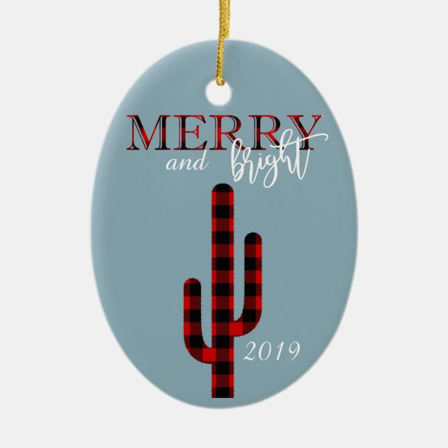 Adorno De Cerámica Navidades Holiday Cactus Southwest Buffalo Plaid (Frente)