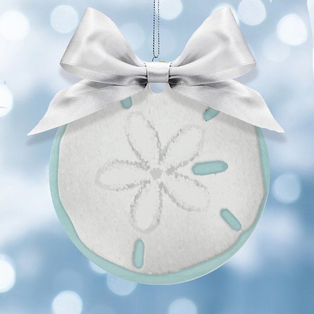 Adorno De Cerámica Navidades Holiday Photo Blue Beach Sand Dollar Sea (With a simple sand dollar on the front side with an editable turquoise background.)