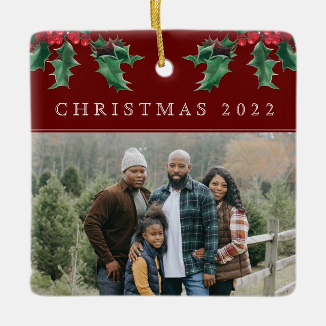 Adorno De Cerámica Navidades Holly Berry Personalizado simple foto ro (Anverso)