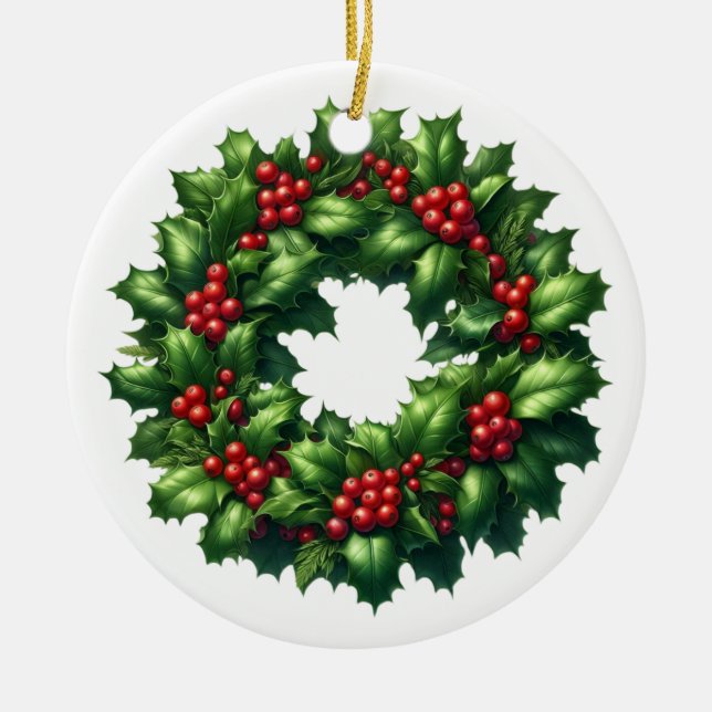 Adorno De Cerámica Navidades Holly Wreath Ornament (Frente)