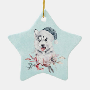 Adorno De Cerámica Navidades Husky Dog en Santa Hat