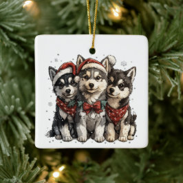 Adorno De Cerámica Navidades Husky Dogs
