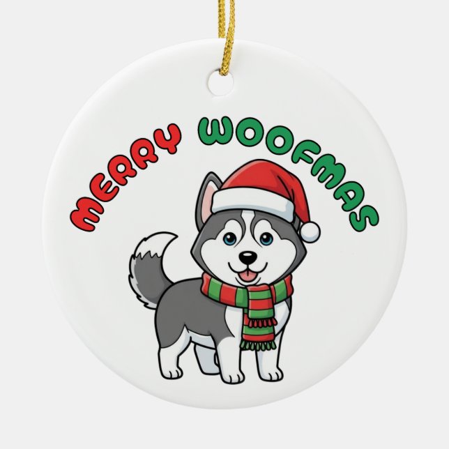 Adorno De Cerámica Navidades Husky Ornament: Merry Woofmas (Frente)