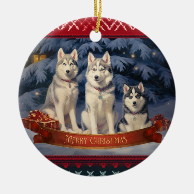Adorno De Cerámica Navidades Husky Siberiano (Frente)