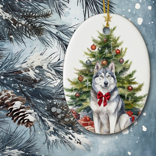 Adorno De Cerámica Navidades Husky Siberiano de Red Bow (Subido por el creador)