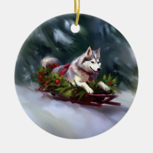 Adorno De Cerámica Navidades Husky siberianos nevan el invierno