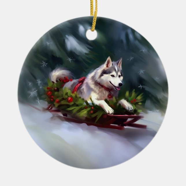 Adorno De Cerámica Navidades Husky siberianos nevan el invierno (Frente)
