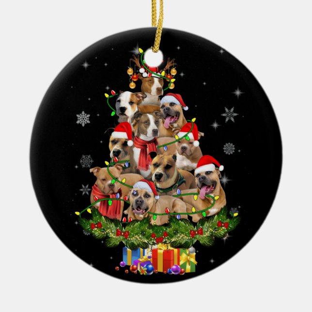 Adorno De Cerámica Navidades iluminan Pitbull Santa Hat Tree Pitbull (Frente)