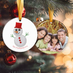 Adorno De Cerámica Navidades inteligentes sintieron la foto navideña<br><div class="desc">Los Navidades se sintieron como un adorable personaje de la festividad de Snowman. Un divertido, festivo, falso hombre de nieve se sintió en un lindo gorra rojo. Añade tu foto y nombres para un ornamento realmente personalizado. Fácil de personalizar con texto, fuentes y colores. Creado por el diseñador Zazzle pro...</div>