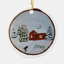 Adorno De Cerámica Navidades Invierno Escena de Nieve Cabina Árboles 