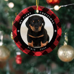 Adorno De Cerámica Navidades invitados de la foto mascota "Mi primera<br><div class="desc">Celebra a tus mascotas primero Navidades con este adorable adorno de fotos de perros/gatos. El diseño presenta un tradicional fondo de búfalo rojo de felpa,  una fotografía de su mascota y el texto 'MI PRIMERA NAVIDAD',  su nombre y año.</div>