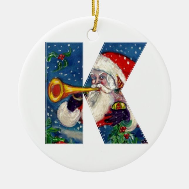 ADORNO DE CERÁMICA NAVIDADES K LETTER / SANTA CLAUS BUGLER MONOGRAM (Frente)