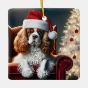 Adorno De Cerámica Navidades King Charles en una silla de terciopelo