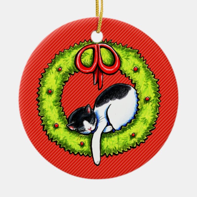 Adorno De Cerámica Navidades Kitty Cat Wreath (Frente)