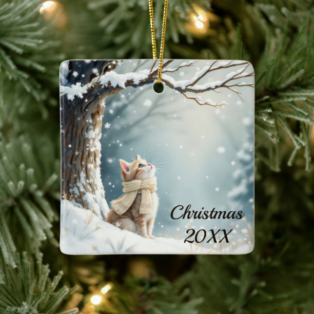 Adorno De Cerámica Navidades Kitty Mirando Los Copos De Nieve (Árbol)