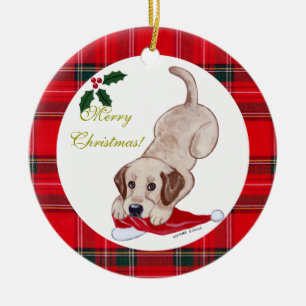 Adorno De Cerámica Navidades Labrador amarillo cachorro Santa Hat