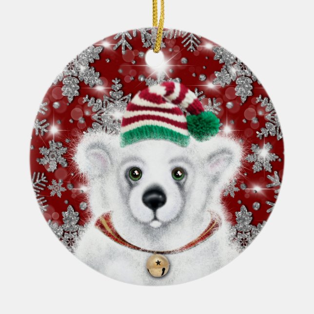 Adorno De Cerámica Navidades lindo oso polar cachorro, cachorro de os (Frente)
