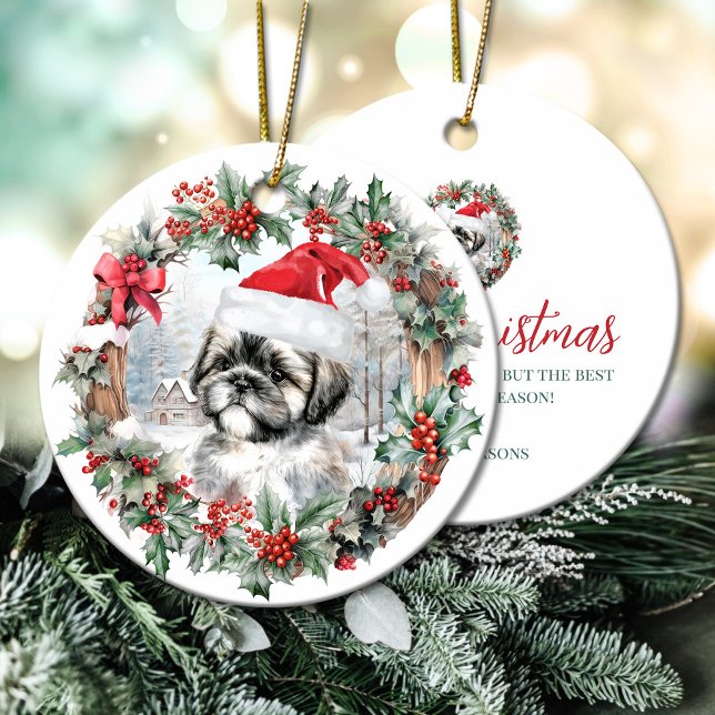 Adorno De Cerámica Navidades lindos shih tzu perro cachorro sombrero  (Cute Christmas shih tzu dog puppy Santa hat Ceramic Ornament)