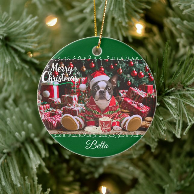 Adorno De Cerámica Navidades locos: pijamas de Boston terrier persona (Árbol)