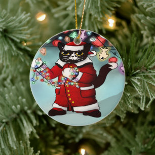 Adorno De Cerámica Navidades Luces Típico Tuxedo Cat