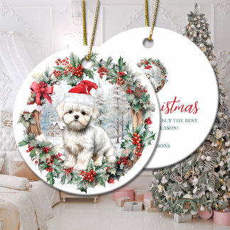 Adorno De Cerámica Navidades malteses cachorro de perro Santa hat