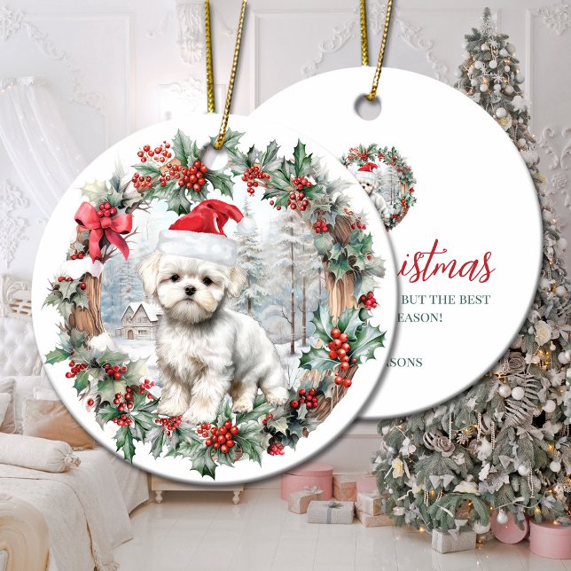 Adorno De Cerámica Navidades malteses cachorro de perro Santa hat (Cute Christmas maltese dog puppy Santa hat Ceramic Ornament)