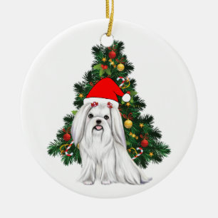 Adorno De Cerámica Navidades malteses, Navidad Perro maltés con sombr