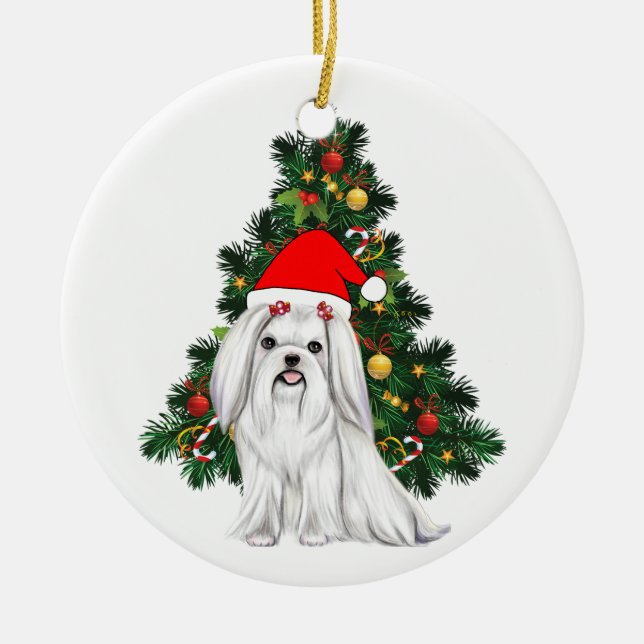 Adorno De Cerámica Navidades malteses, Navidad Perro maltés con sombr (Frente)