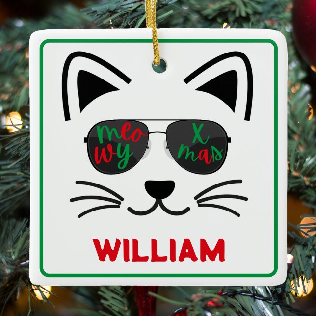 Adorno De Cerámica Navidades Meowy Gafas de sol Gato Kitty Blanco (Meowy Christmas Sunglasses Kitty Cat White Ceramic Ornament)