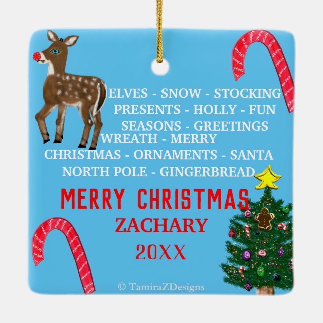 Adorno De Cerámica Navidades Mini 15 palabras rompecabezas azul verde (Reverso)