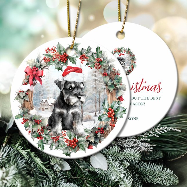 Adorno De Cerámica Navidades miniatura schnauzer perrito Santa hat (Christmas miniature schnauzer dog puppy Santa hat Ceramic Ornament)
