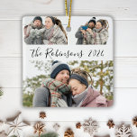 Adorno De Cerámica Navidades minimalistas de tres Collages de fotos<br><div class="desc">Moderna Caligrafía Sencilla Elegante Blanco Negro 3 Collage de fotos Pareja Feliz Guión Navidad Ornamento Cerámico. Este festivo, minimalista, maravilloso, tres festividades fotográficas Ornament presenta un collage de fotos de la bonito y ¡Nombre de la familia y año! El nombre de la familia está escrito en un guión con letras...</div>