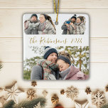 Adorno De Cerámica Navidades minimalistas de tres Collages de fotos<br><div class="desc">Moderna Caligrafía Sencilla Y Elegante Oro Blanco 3 Pareja Collage de fotos Feliz Navidad Script Ornamento Cerámico. Este festivo, minimalista, maravilloso, tres festividades fotográficas Ornament presenta un collage de fotos de la bonito y ¡Nombre de la familia y año! El nombre de la familia está escrito en un guión con...</div>