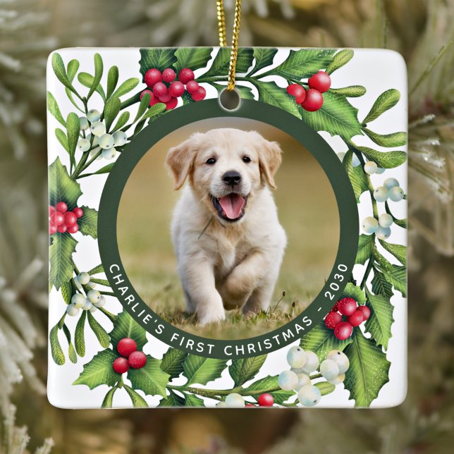 Adorno De Cerámica Navidades Mistletoe Wreath Personalizado Puppy Dog (Subido por el creador)