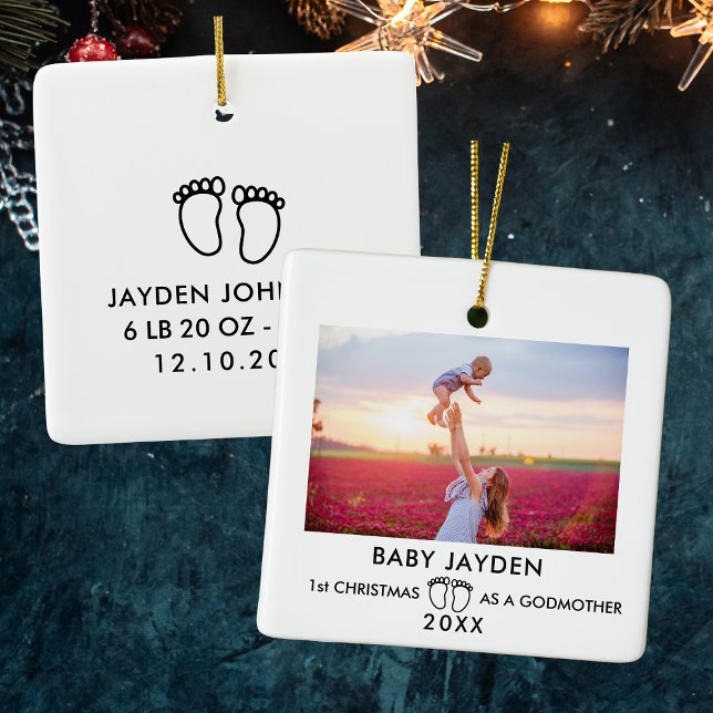Adorno De Cerámica Navidades modernos de 1.ᵉʳ padrino (Modern 1st Christmas As Godmother Photo Ceramic Ornament
)