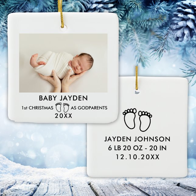 Adorno De Cerámica Navidades modernos de 1.ᵉʳ padrinos de foto (Modern 1st Christmas As Godparents Photo Ceramic Ornament
)