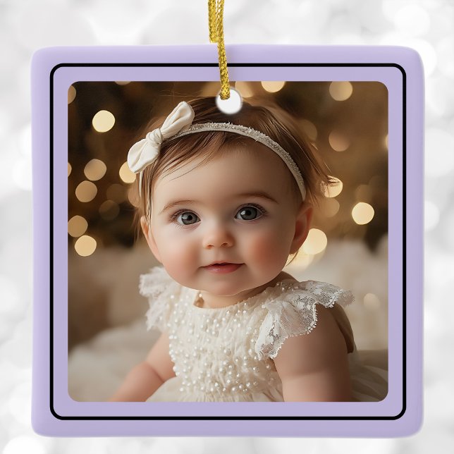 Adorno De Cerámica Navidades modernos de fotografía para bebés Nombre (Modern Baby Photo Christmas Purple Script Name Ceramic Ornament)